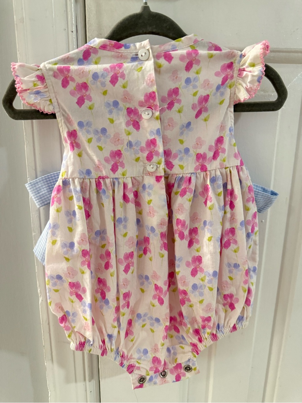Southern Sunshine Pink Floral Bow Romper with Blue Gingham Bows - Picture 2 of 3